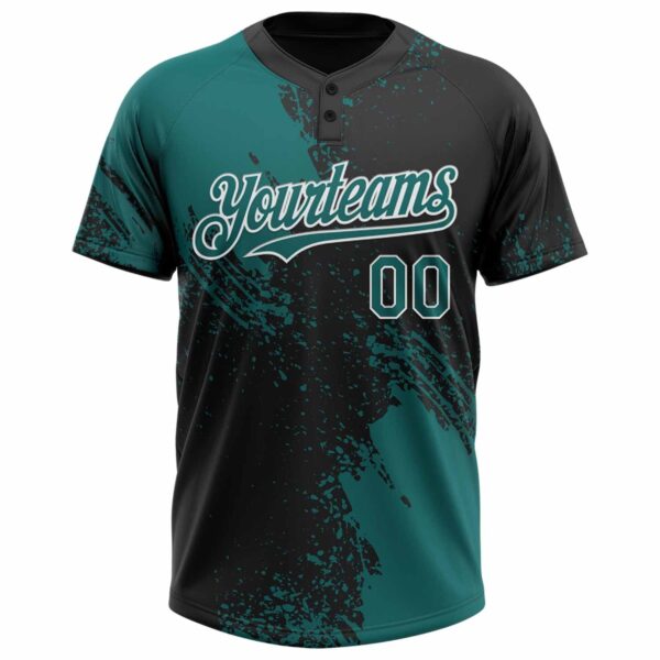 Custom Teal Black-White 3D Pattern Abstract Brush Stroke Two-Button Unisex Softball Jersey
