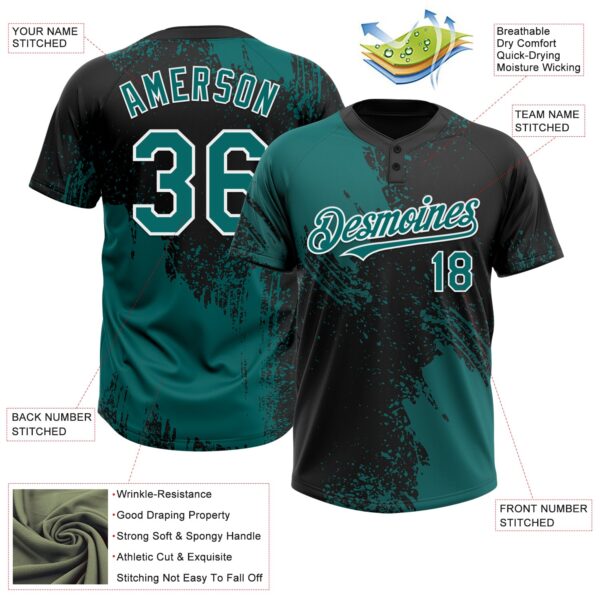 Custom Teal Black-White 3D Pattern Abstract Brush Stroke Two-Button Unisex Softball Jersey