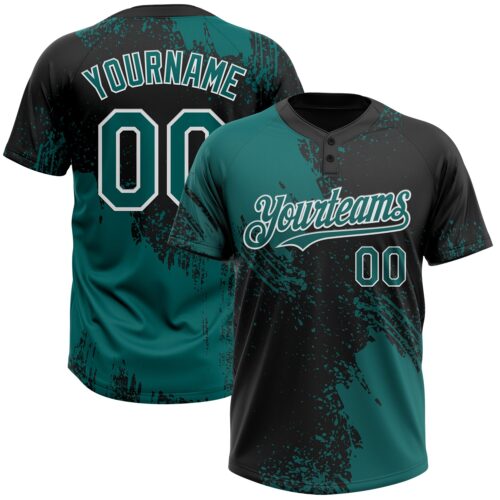 Softball1766 Custom Teal Black-White 3D Pattern Abstract Brush Stroke Two-Button Unisex Softball Jersey
