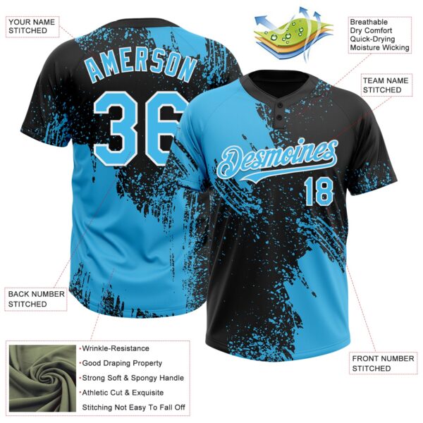 Custom Sky Blue Black-White 3D Pattern Abstract Brush Stroke Two-Button Unisex Softball Jersey