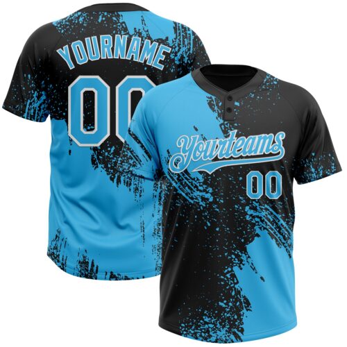 Softball1767 Custom Sky Blue Black-White 3D Pattern Abstract Brush Stroke Two-Button Unisex Softball Jersey