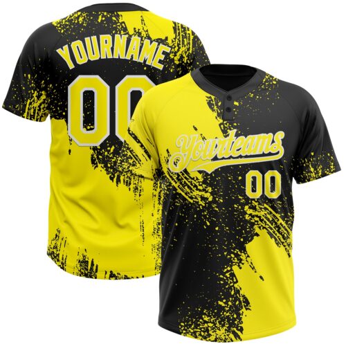 Custom Light Yellow Black-White 3D Pattern Abstract Brush Stroke Two-Button Unisex Softball Jersey