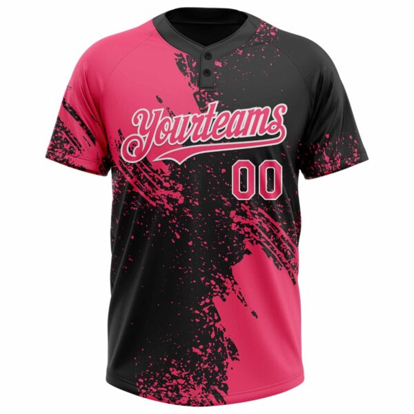 Custom Neon Pink Black-White 3D Pattern Abstract Brush Stroke Two-Button Unisex Softball Jersey