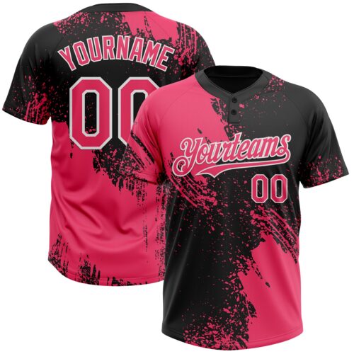 Custom Neon Pink Black-White 3D Pattern Abstract Brush Stroke Two-Button Unisex Softball Jersey