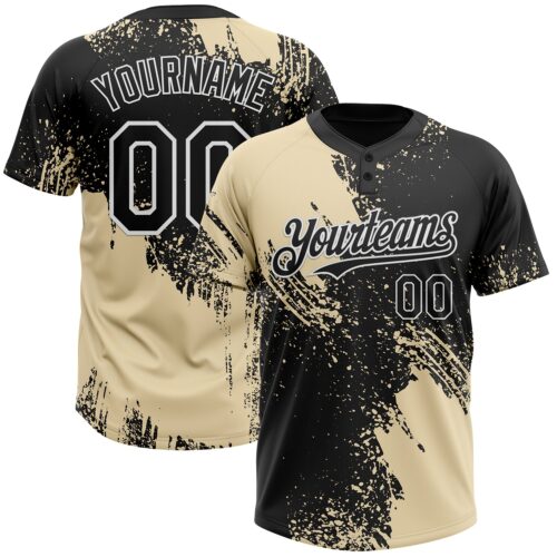 Softball1773 Custom Cream Black-White 3D Pattern Abstract Brush Stroke Two-Button Unisex Softball Jersey