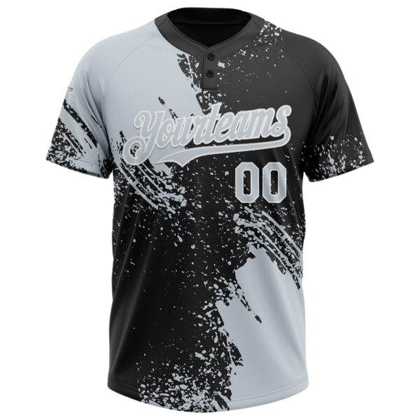 Custom Silver Black-White 3D Pattern Abstract Brush Stroke Two-Button Unisex Softball Jersey