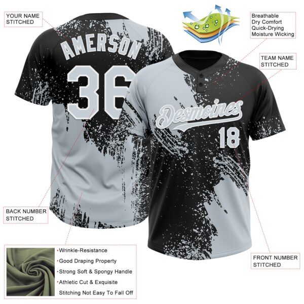 Custom Silver Black-White 3D Pattern Abstract Brush Stroke Two-Button Unisex Softball Jersey