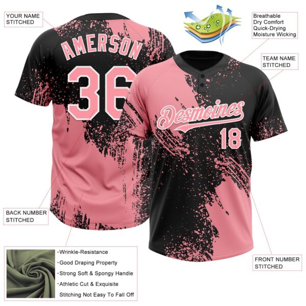 Custom Medium Pink Black-White 3D Pattern Abstract Brush Stroke Two-Button Unisex Softball Jersey
