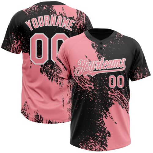 Custom Medium Pink Black-White 3D Pattern Abstract Brush Stroke Two-Button Unisex Softball Jersey