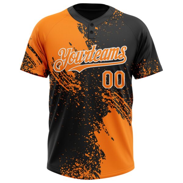 Custom Bay Orange Black-White 3D Pattern Abstract Brush Stroke Two-Button Unisex Softball Jersey