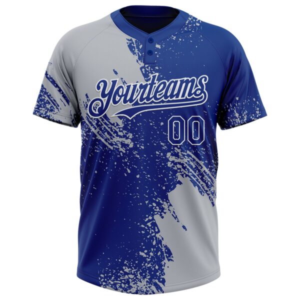 Custom Gray Royal-White 3D Pattern Abstract Brush Stroke Two-Button Unisex Softball Jersey