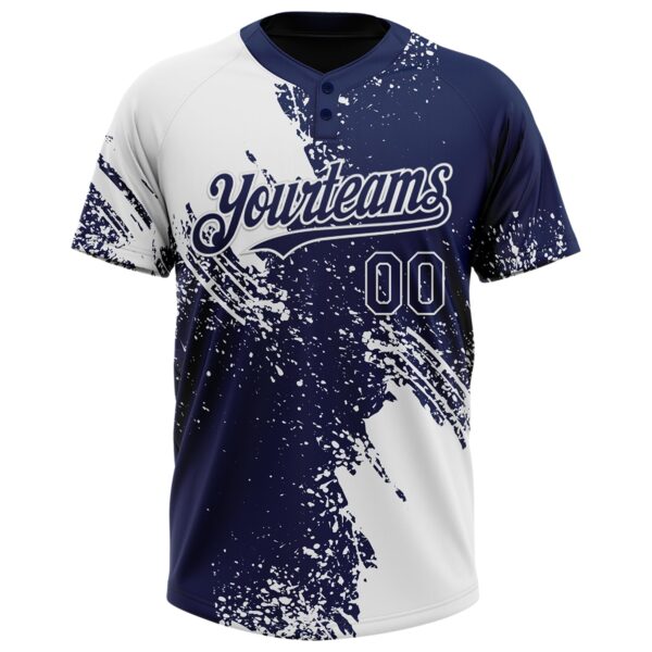 Custom White Navy 3D Pattern Abstract Brush Stroke Two-Button Unisex Softball Jersey