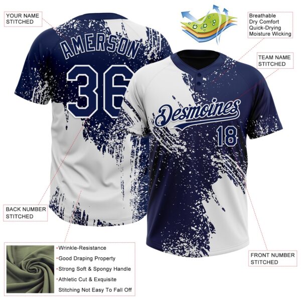 Custom White Navy 3D Pattern Abstract Brush Stroke Two-Button Unisex Softball Jersey