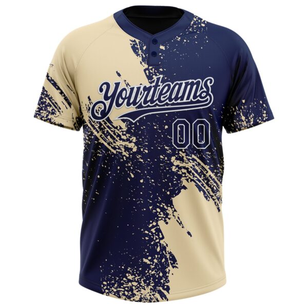 Custom Cream Navy-White 3D Pattern Abstract Brush Stroke Two-Button Unisex Softball Jersey