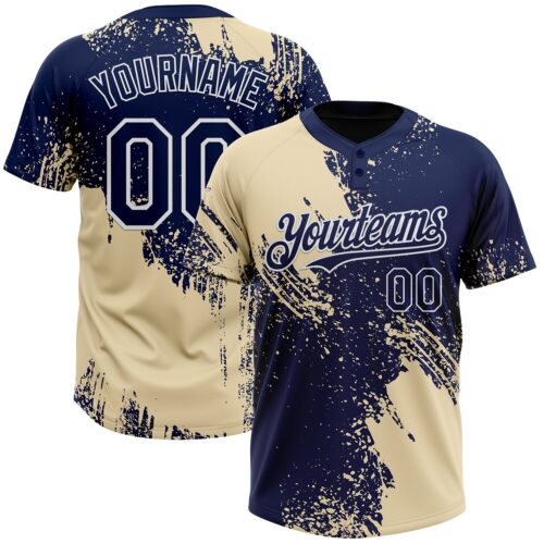 Softball1780 Custom Cream Navy-White 3D Pattern Abstract Brush Stroke Two-Button Unisex Softball Jersey