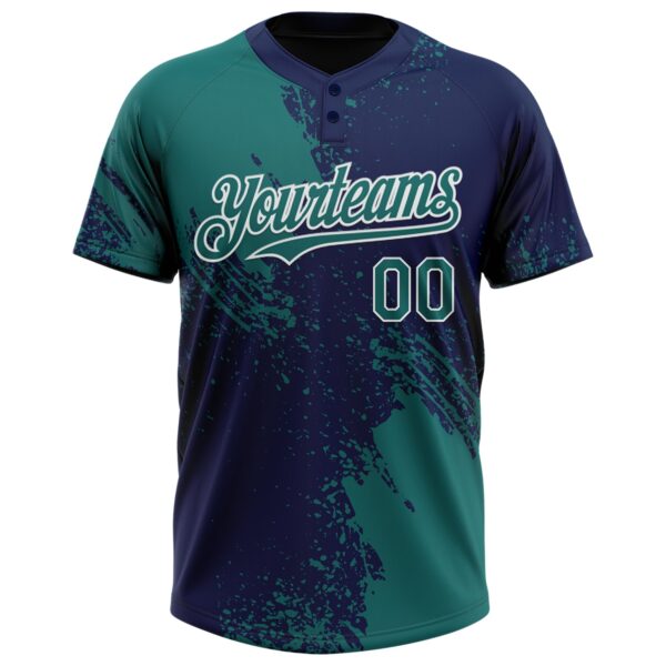 Custom Teal Navy-White 3D Pattern Abstract Brush Stroke Two-Button Unisex Softball Jersey