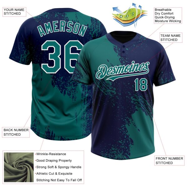 Custom Teal Navy-White 3D Pattern Abstract Brush Stroke Two-Button Unisex Softball Jersey