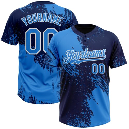 Custom Electric Blue Navy-White 3D Pattern Abstract Brush Stroke Two-Button Unisex Softball Jersey