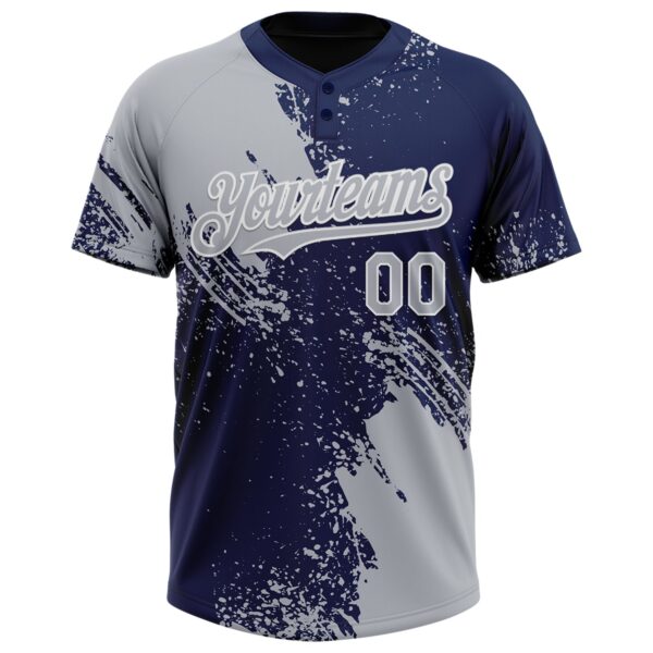 Custom Gray Navy-White 3D Pattern Abstract Brush Stroke Two-Button Unisex Softball Jersey
