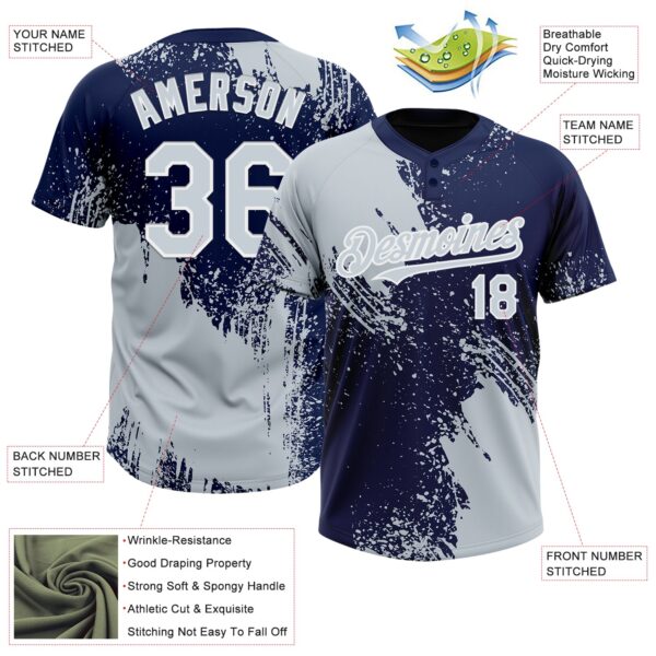 Custom Silver Navy-White 3D Pattern Abstract Brush Stroke Two-Button Unisex Softball Jersey
