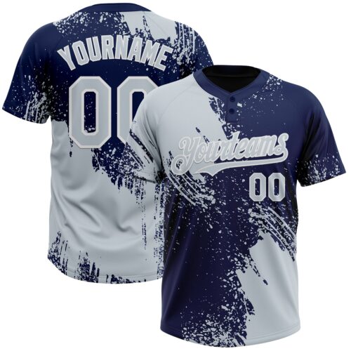 Custom Silver Navy-White 3D Pattern Abstract Brush Stroke Two-Button Unisex Softball Jersey