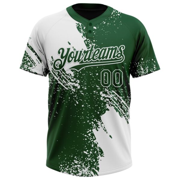 Custom White Green 3D Pattern Abstract Brush Stroke Two-Button Unisex Softball Jersey