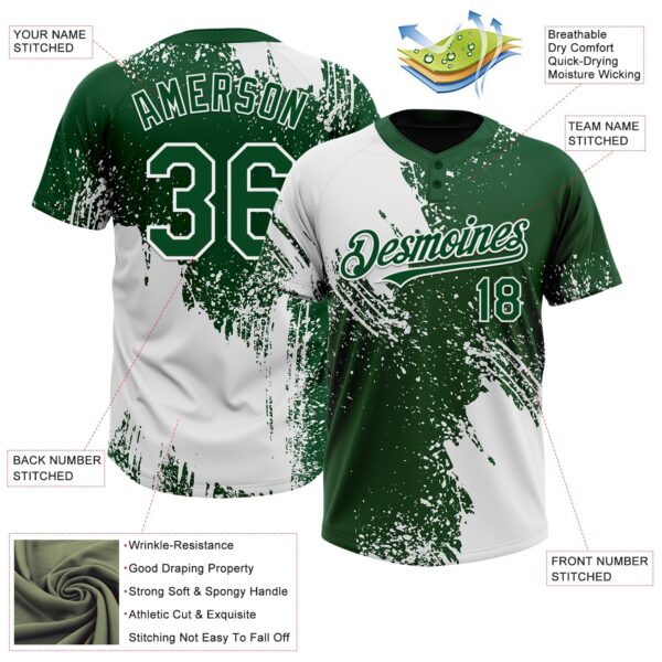 Custom White Green 3D Pattern Abstract Brush Stroke Two-Button Unisex Softball Jersey