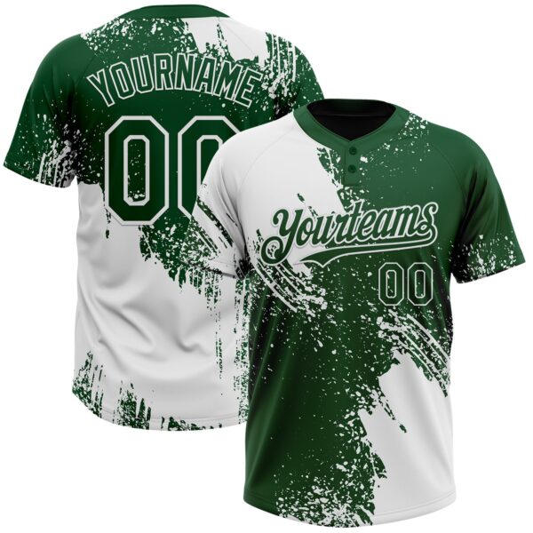 Custom White Green 3D Pattern Abstract Brush Stroke Two-Button Unisex Softball Jersey
