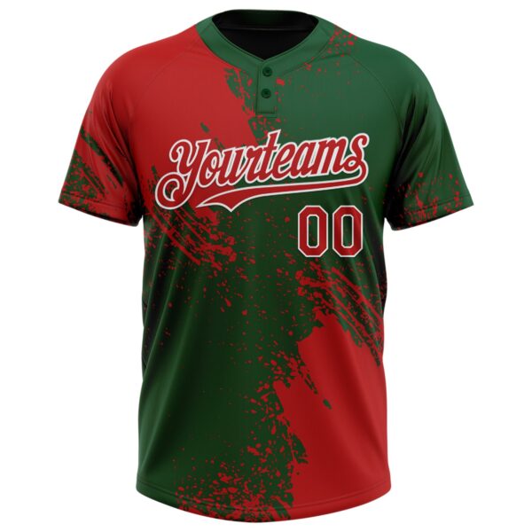 Custom Red Green-White 3D Pattern Abstract Brush Stroke Two-Button Unisex Softball Jersey