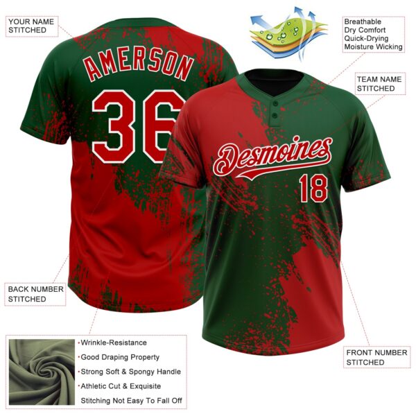Custom Red Green-White 3D Pattern Abstract Brush Stroke Two-Button Unisex Softball Jersey