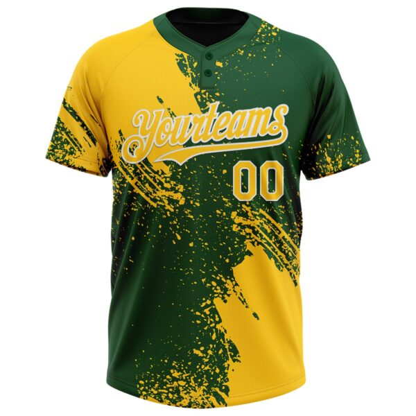 Custom Yellow Green-White 3D Pattern Abstract Brush Stroke Two-Button Unisex Softball Jersey