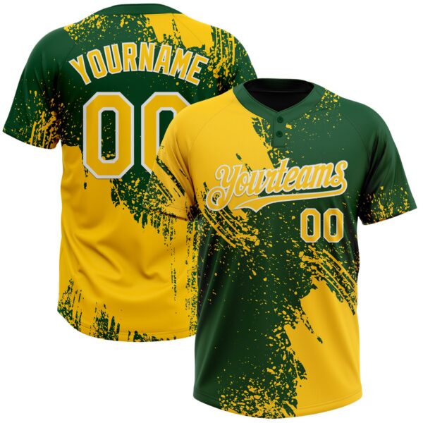 Custom Yellow Green-White 3D Pattern Abstract Brush Stroke Two-Button Unisex Softball Jersey