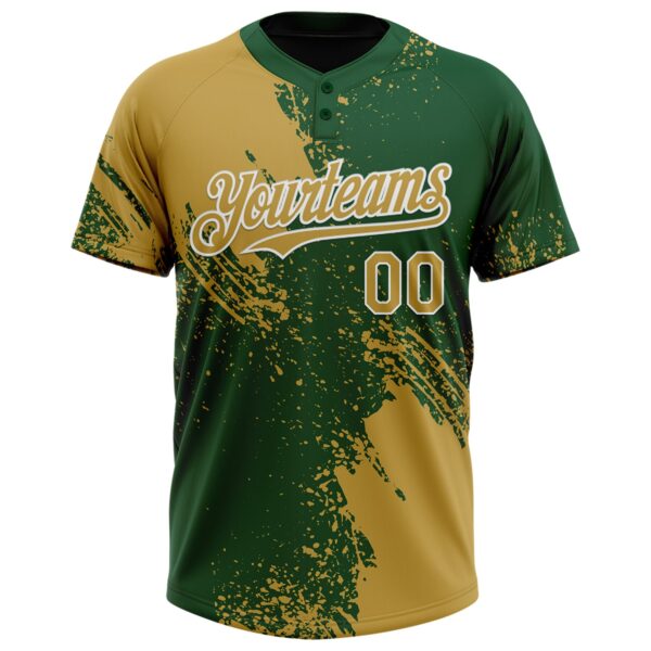 Custom Old Gold Green-White 3D Pattern Abstract Brush Stroke Two-Button Unisex Softball Jersey