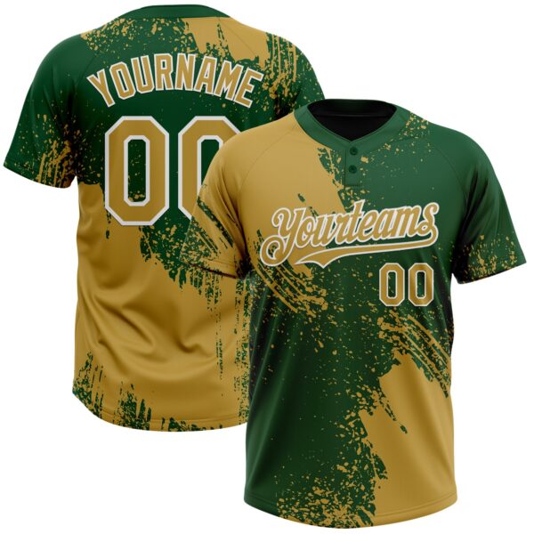 Custom Old Gold Green-White 3D Pattern Abstract Brush Stroke Two-Button Unisex Softball Jersey