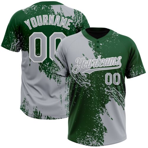 Custom Gray Green-White 3D Pattern Abstract Brush Stroke Two-Button Unisex Softball Jersey