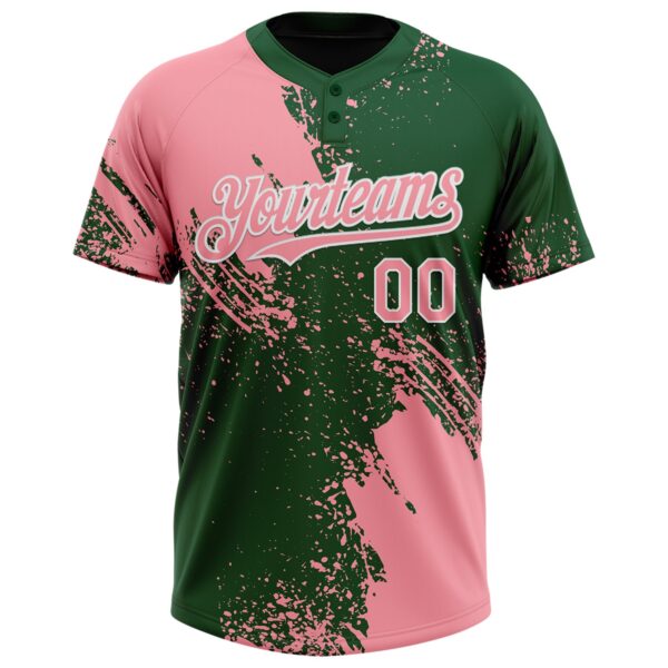 Custom Medium Pink Green-White 3D Pattern Abstract Brush Stroke Two-Button Unisex Softball Jersey