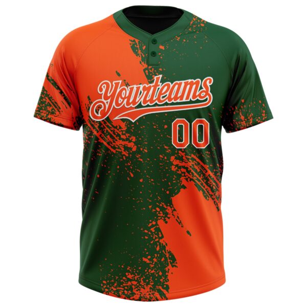 Custom Orange Green-White 3D Pattern Abstract Brush Stroke Two-Button Unisex Softball Jersey