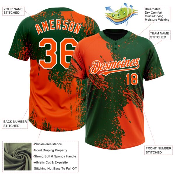 Custom Orange Green-White 3D Pattern Abstract Brush Stroke Two-Button Unisex Softball Jersey