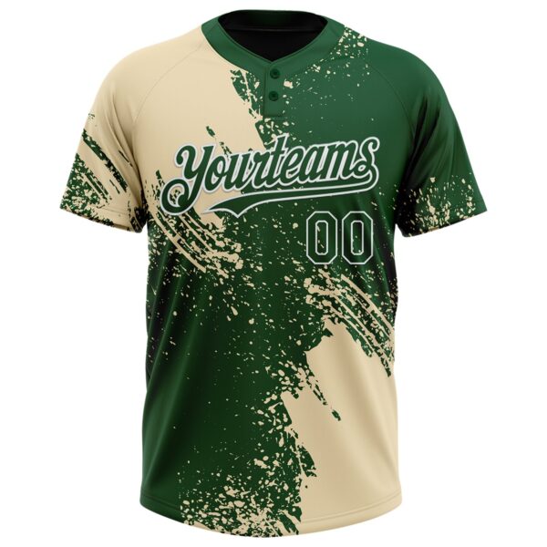 Custom Cream Green-White 3D Pattern Abstract Brush Stroke Two-Button Unisex Softball Jersey