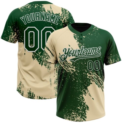 Softball1799 Custom Cream Green-White 3D Pattern Abstract Brush Stroke Two-Button Unisex Softball Jersey