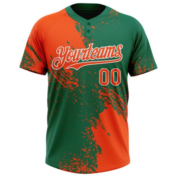 Custom Orange Kelly Green-White 3D Pattern Abstract Brush Stroke Two-Button Unisex Softball Jersey