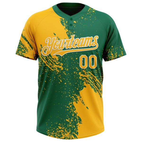 Custom Gold Kelly Green-White 3D Pattern Abstract Brush Stroke Two-Button Unisex Softball Jersey