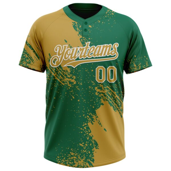 Custom Old Gold Kelly Green-White 3D Pattern Abstract Brush Stroke Two-Button Unisex Softball Jersey