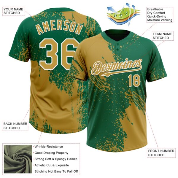 Custom Old Gold Kelly Green-White 3D Pattern Abstract Brush Stroke Two-Button Unisex Softball Jersey
