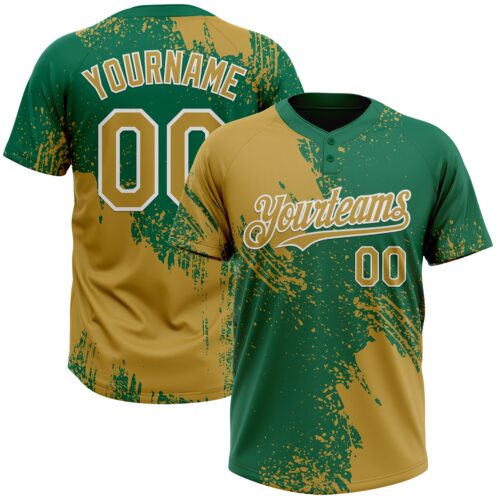 Softball1802 Custom Old Gold Kelly Green-White 3D Pattern Abstract Brush Stroke Two-Button Unisex Softball Jersey