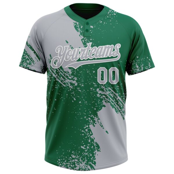 Custom Gray Kelly Green-White 3D Pattern Abstract Brush Stroke Two-Button Unisex Softball Jersey