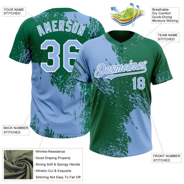 Custom Light Blue Kelly Green-White 3D Pattern Abstract Brush Stroke Two-Button Unisex Softball Jersey
