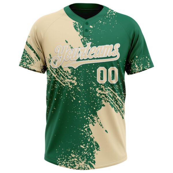 Custom Cream Kelly Green-White 3D Pattern Abstract Brush Stroke Two-Button Unisex Softball Jersey