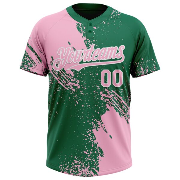 Custom Light Pink Kelly Green-White 3D Pattern Abstract Brush Stroke Two-Button Unisex Softball Jersey