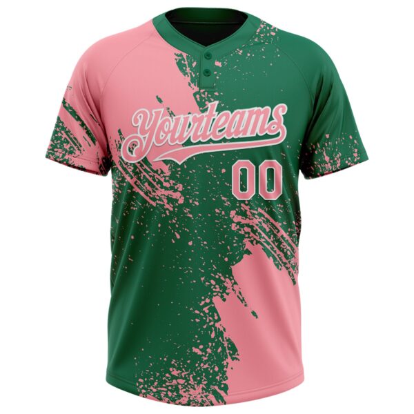 Custom Medium Pink Kelly Green-White 3D Pattern Abstract Brush Stroke Two-Button Unisex Softball Jersey